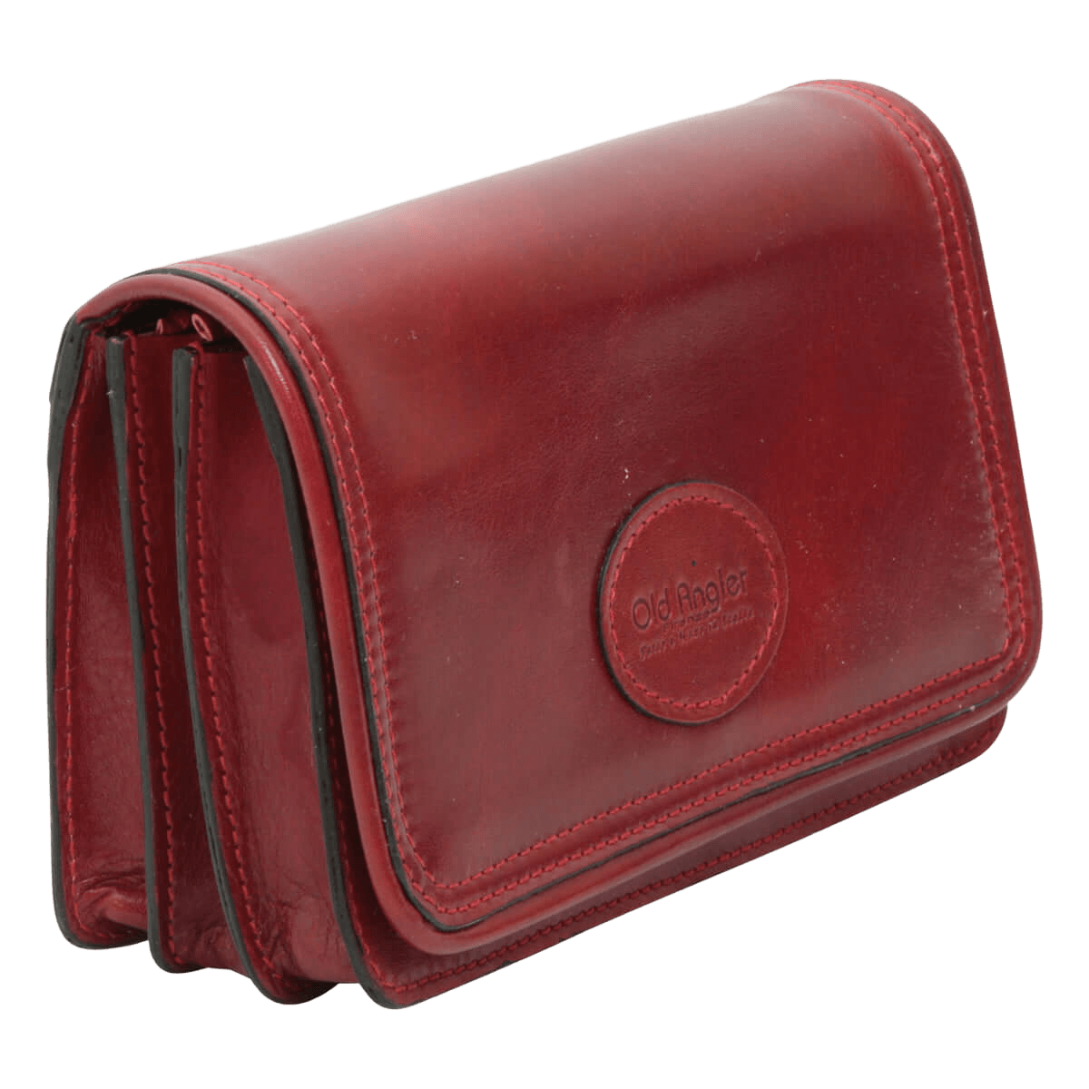 Pochette in pelle rossa con patta e chiusura metallica, tracolla interna