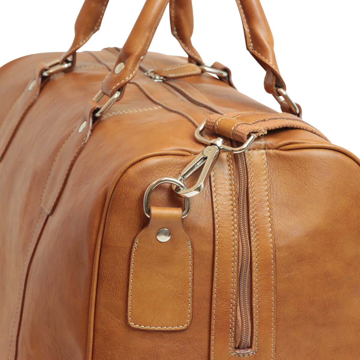 Borsone da viaggio in pelle marrone con fibbie metalliche, tracolla e zip