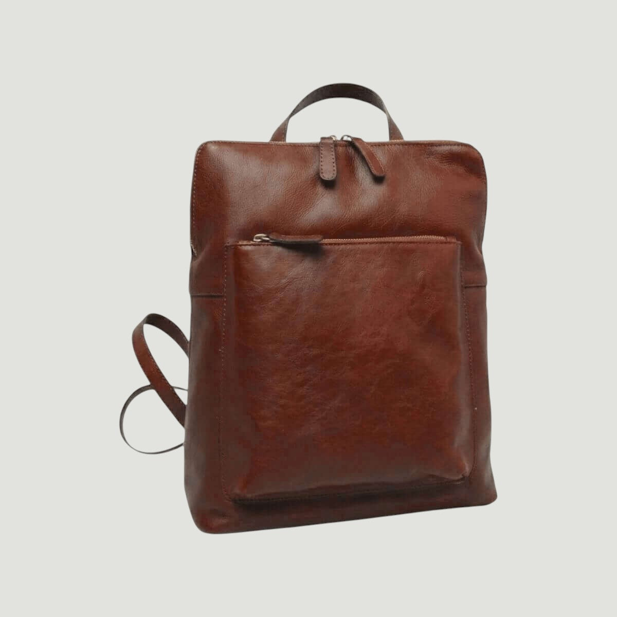 Zaino in pelle marrone con tasca frontale e tracolla regolabile