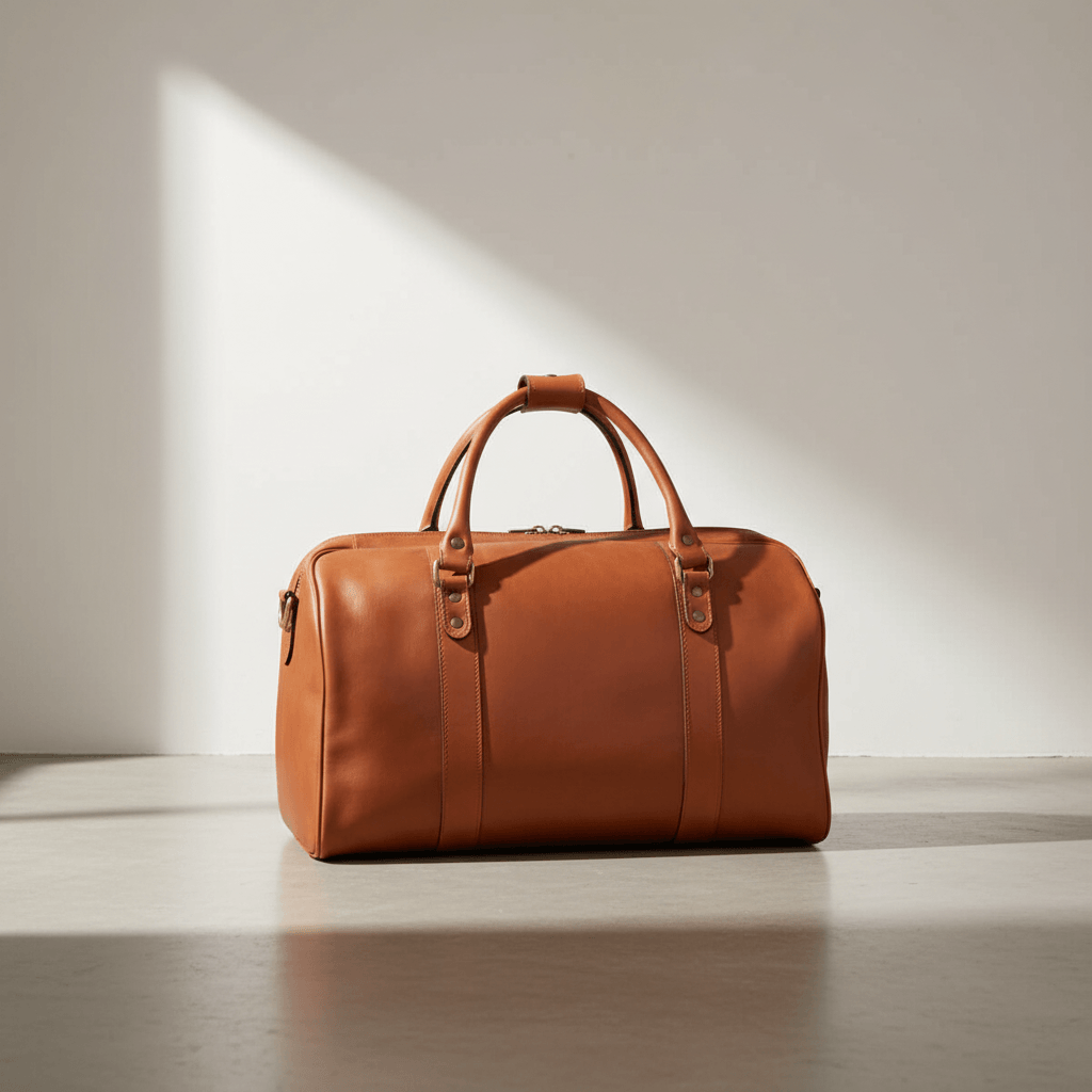 Borsa da viaggio in pelle pieno fiore cuoio, manici imbottiti e chiusura a zip.