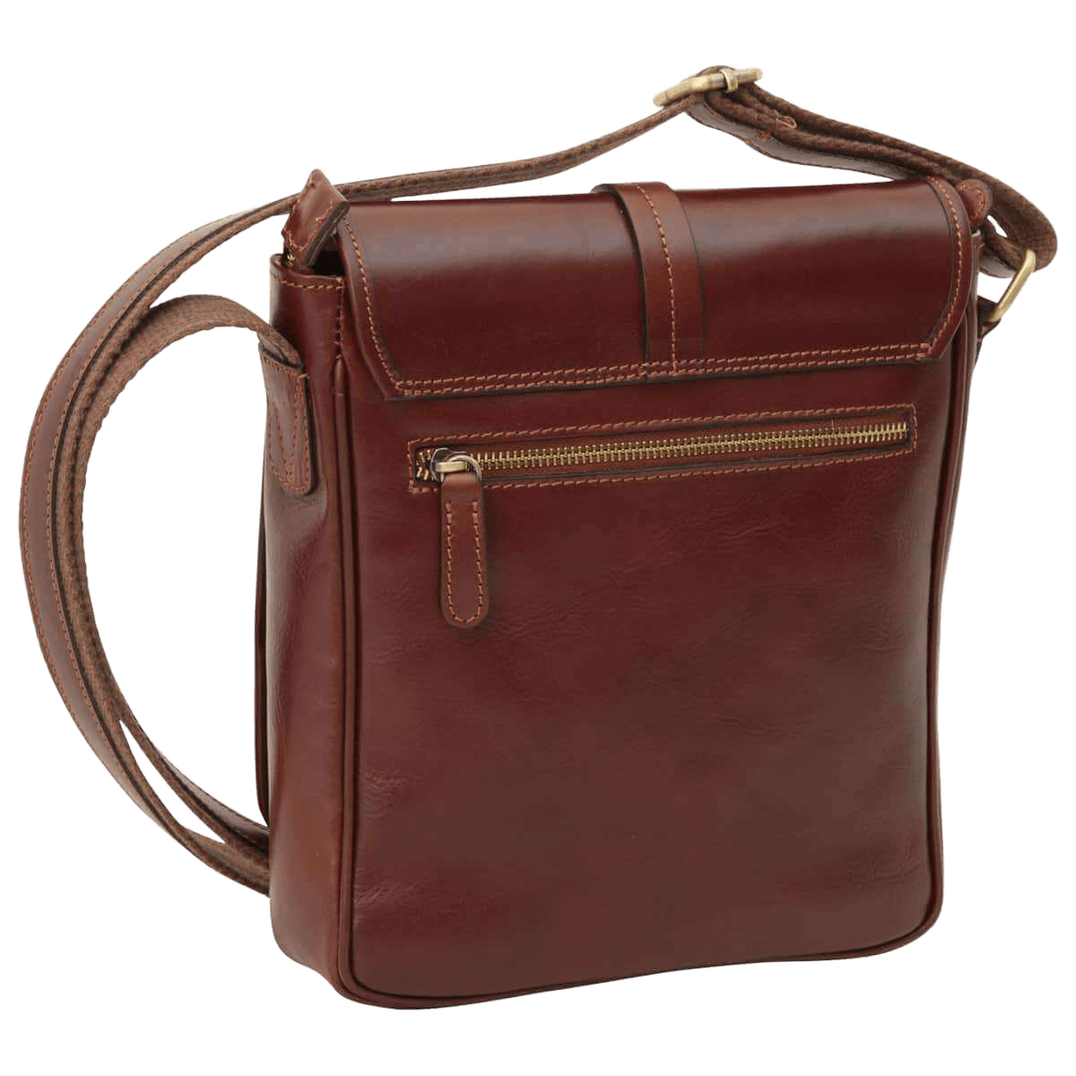 Borsa messenger marrone con doppia cucitura e tracolla, zip frontale e patta.