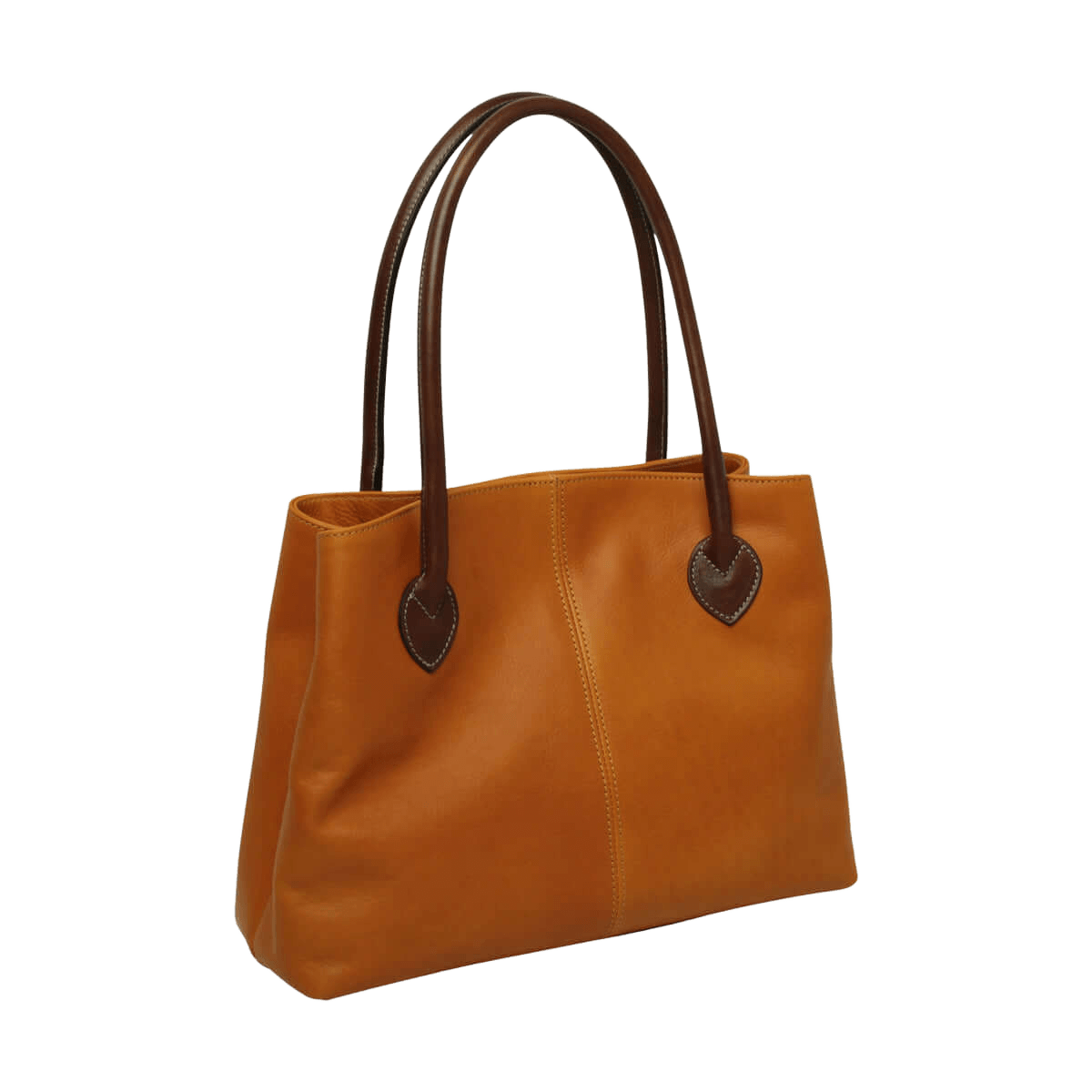 Borsa donna in pelle bicolore giallo ocra con due manici e dettagli marroni scuri