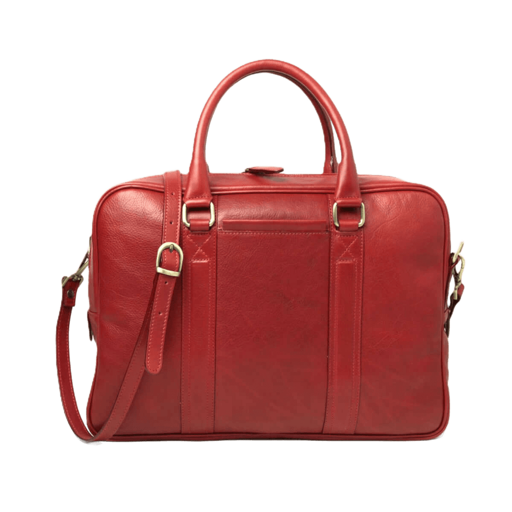 Borsa in pelle rossa con due manici e tracolla, chiusura con zip