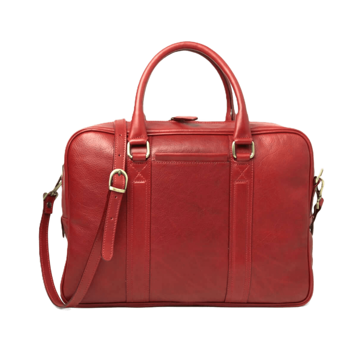 Borsa in pelle rossa con due manici e tracolla, chiusura con zip