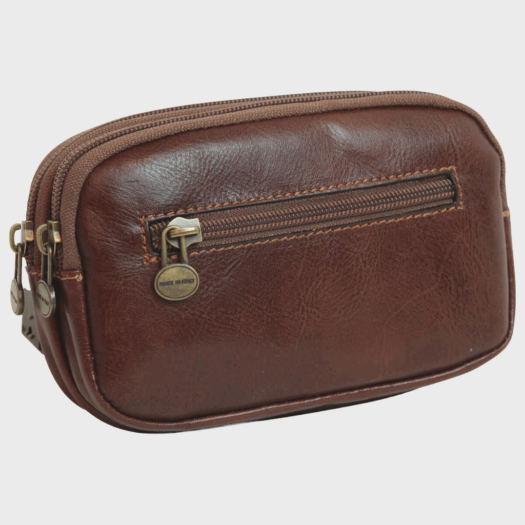Borsello da cintura marrone in pelle con doppia zip e fibbie in ottone