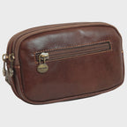 Borsello da cintura marrone in pelle con doppia zip e fibbie in ottone