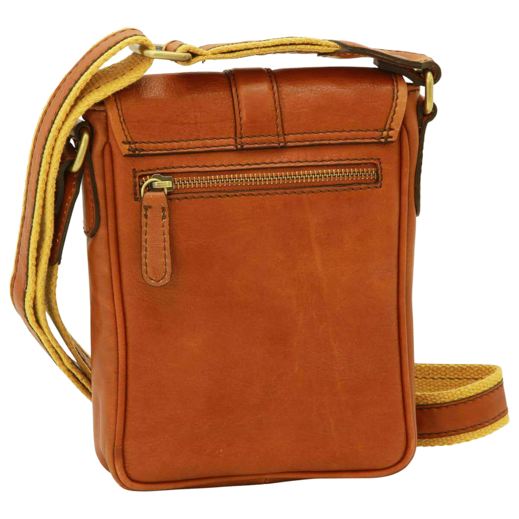 Borsa uomo tracolla in pelle marrone con zip frontale e tracolla gialla