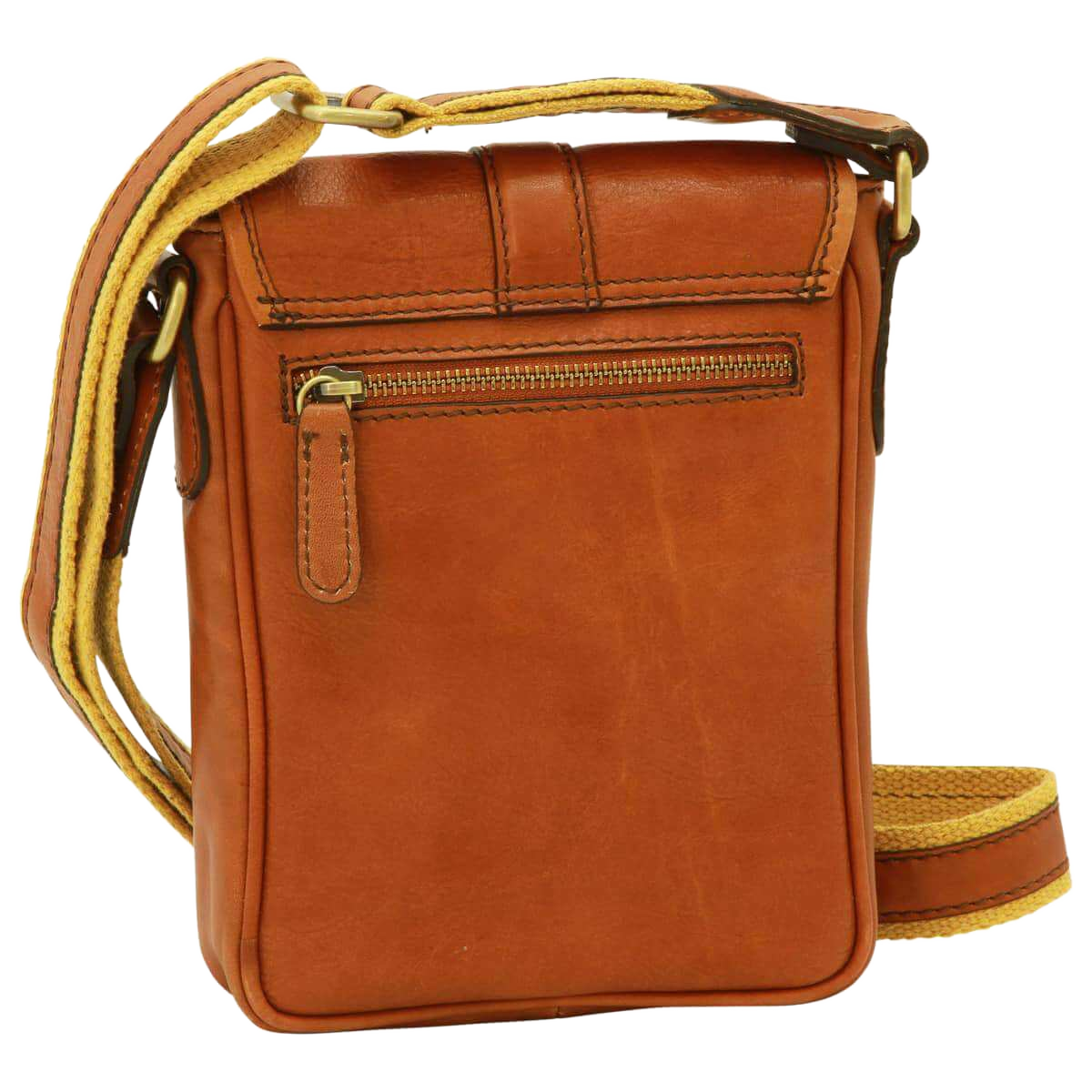 Borsa uomo tracolla in pelle marrone con zip frontale e tracolla gialla
