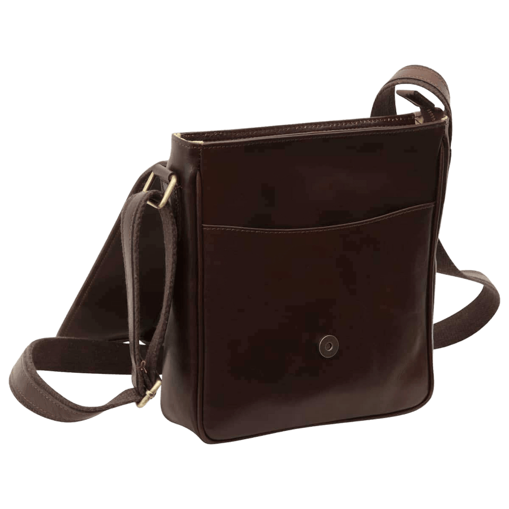 Tracolla messenger marrone scuro con tasca frontale e tracolla, vista laterale.