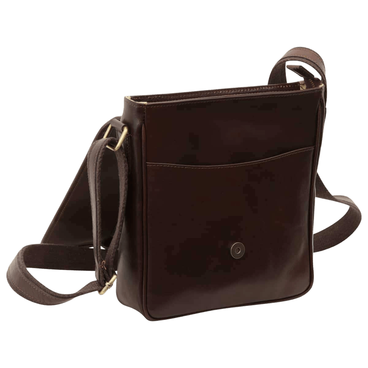 Tracolla messenger marrone scuro con tasca frontale e tracolla, vista laterale.