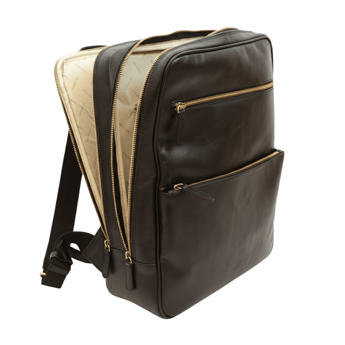 Zaino in pelle bicolore con zip dorate e manici superiori.