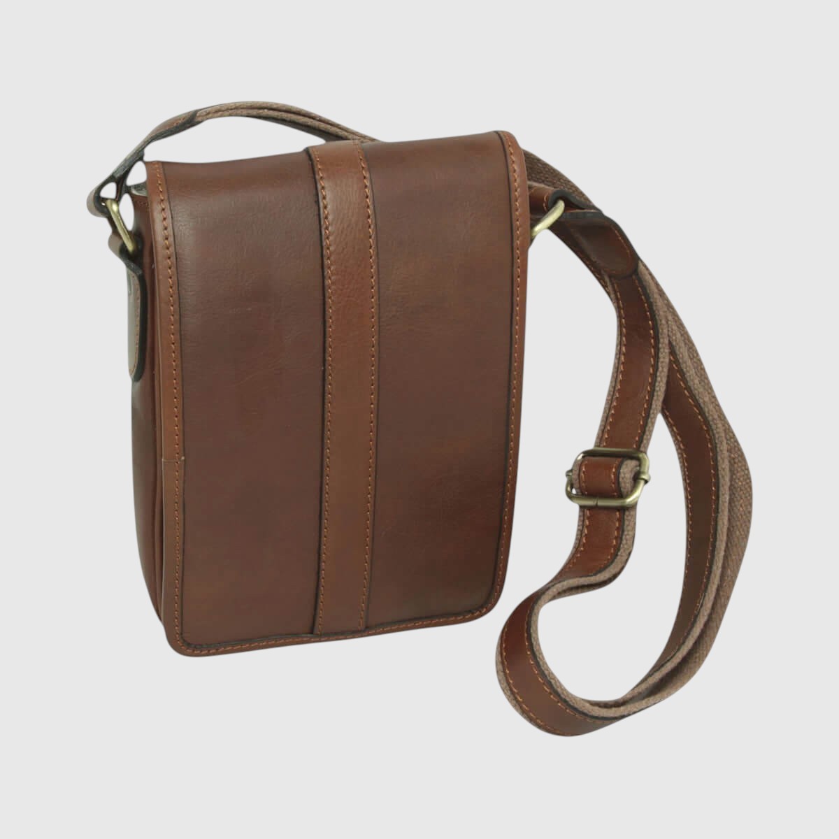 Borsa a tracolla in pelle marrone con fibbia e tracolla regolabile