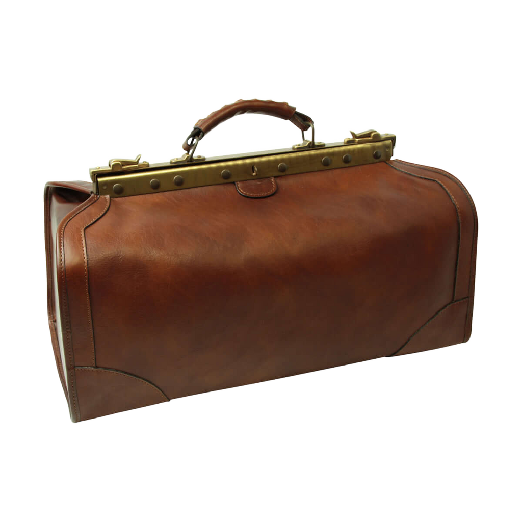 Borsa da viaggio media in pelle marrone, maniglie superiori e borchie metalliche dorate
