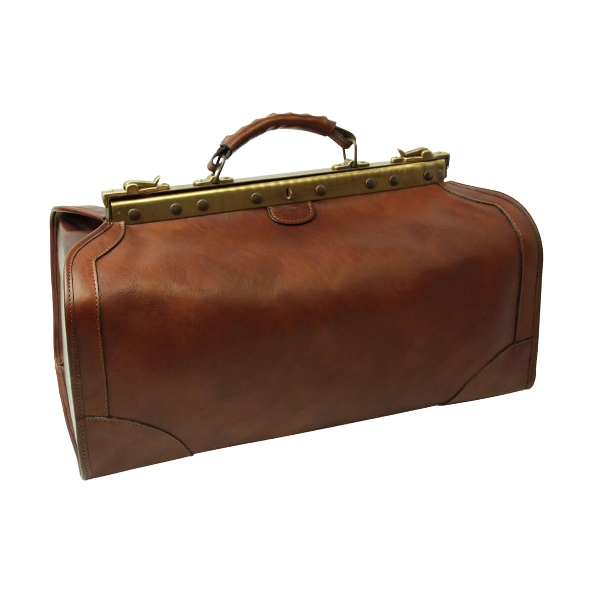 Borsa da viaggio media in pelle marrone, maniglie superiori e borchie metalliche dorate