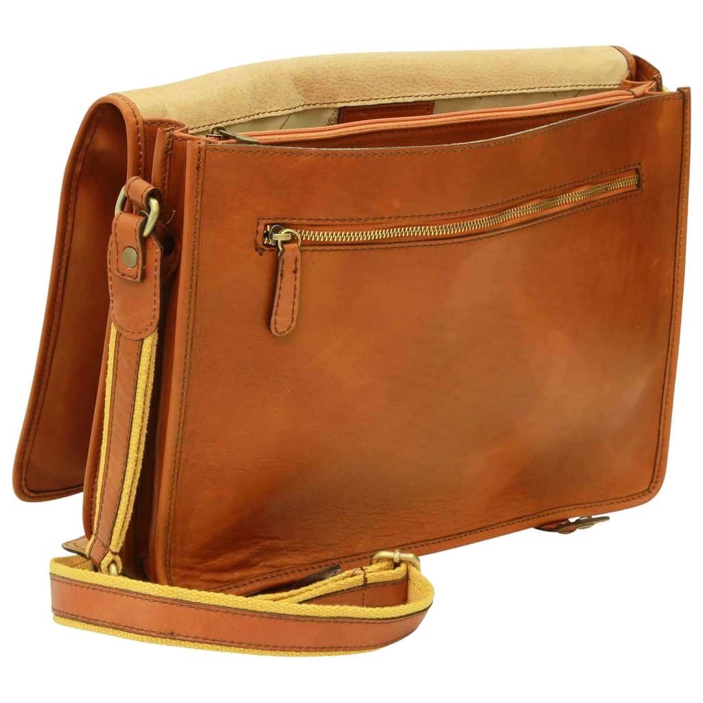 Borsa messenger in vitello nappato cuoio, tasca frontale con zip e tracolla gialla