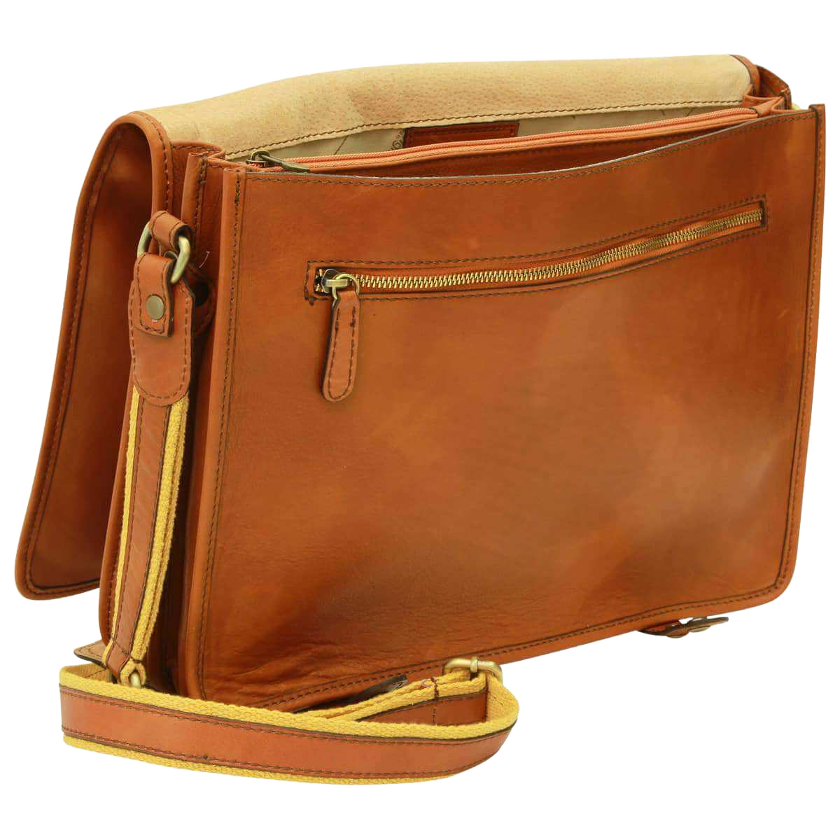 Borsa messenger in vitello nappato cuoio, tasca frontale con zip e tracolla gialla