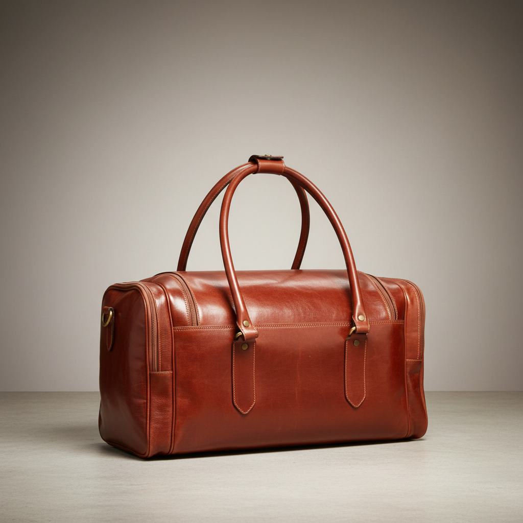 Borsa da viaggio in pelle pieno fiore marrone scuro, vista laterale con manici imbottiti