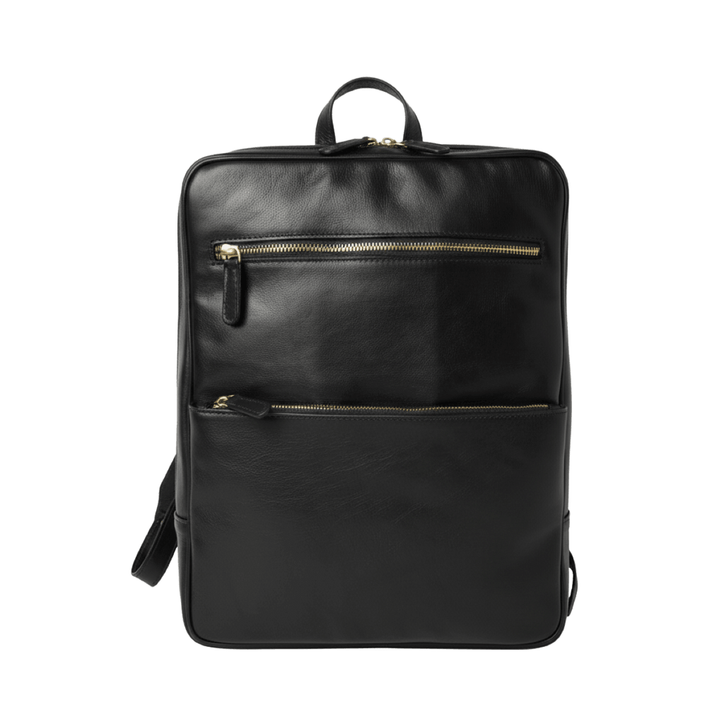 Zaino in pelle nero con zip frontale e maniglia superiore, fascia per trolley.