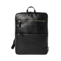 Zaino in pelle nero con zip frontale e maniglia superiore, fascia per trolley.