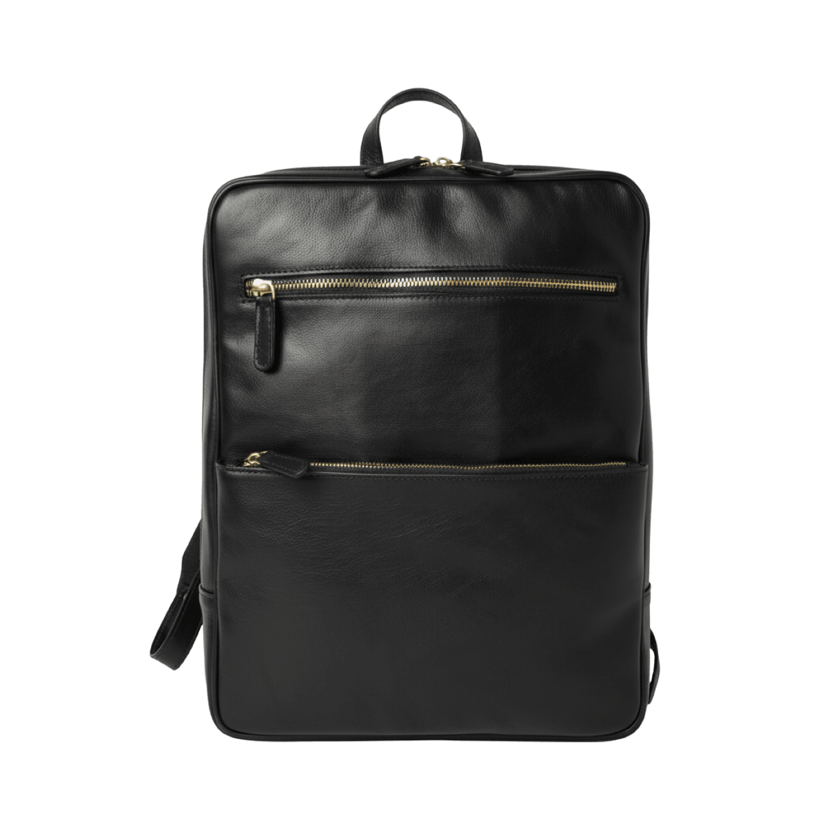 Zaino in pelle nero con zip frontale e maniglia superiore, fascia per trolley.