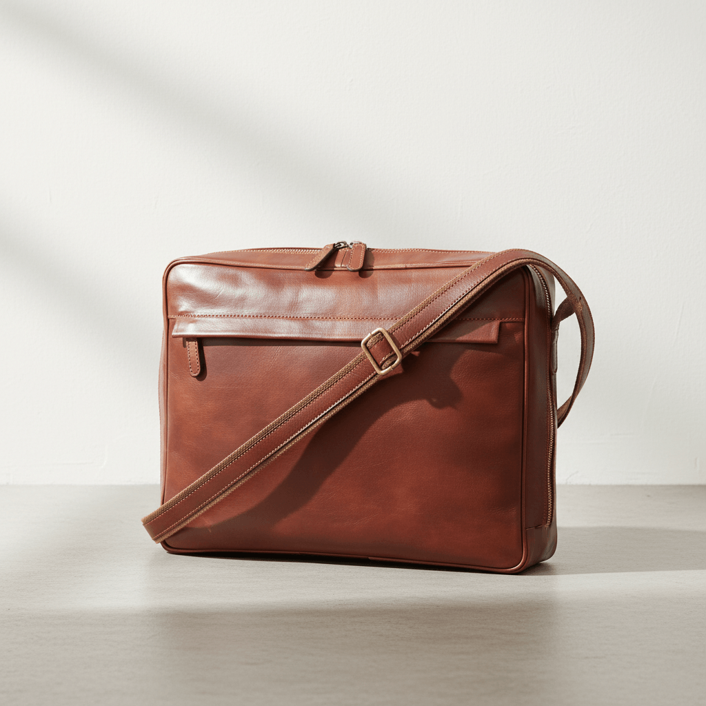 Borsa messenger in pelle marrone con tracolla e tasca con zip sul davanti