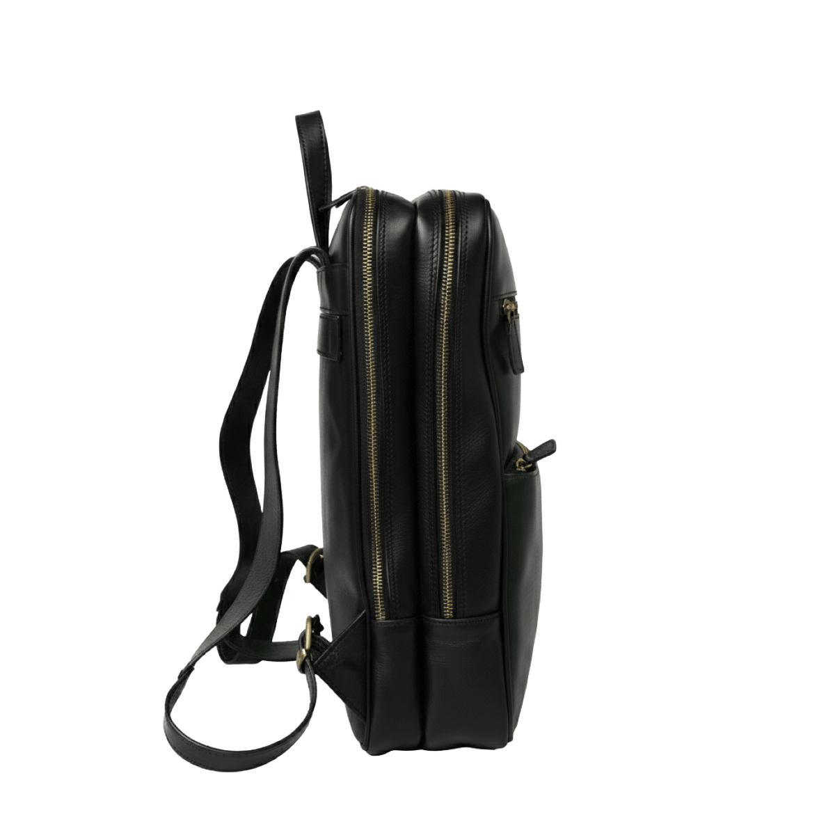 Zaino in pelle nero con due tasche con zip e tracolla laterale.