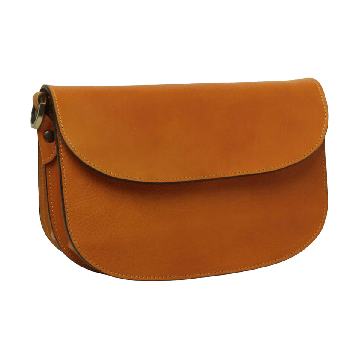 Borsa a tracolla giallo ocra in vitello pieno fiore con patta e cuciture.