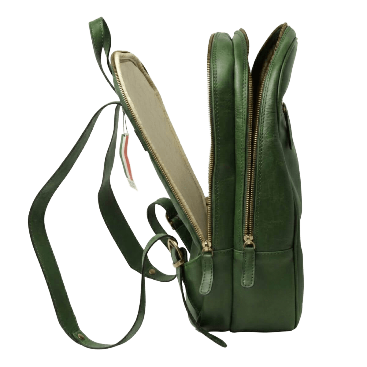 Zaino in pelle verde con zip frontale e tracolla regolabile, vista laterale