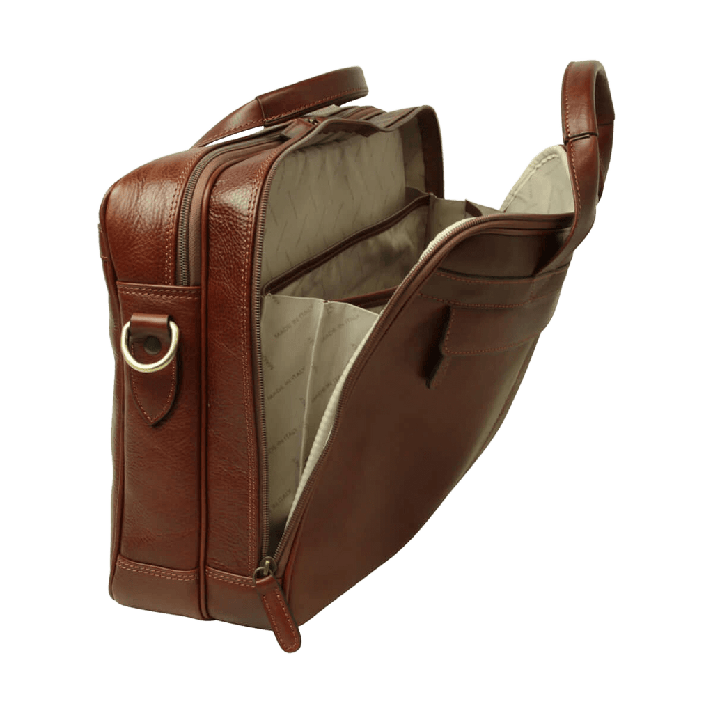 Borsa per laptop in pelle marrone aperta con interno chiaro e chiusura a zip.
