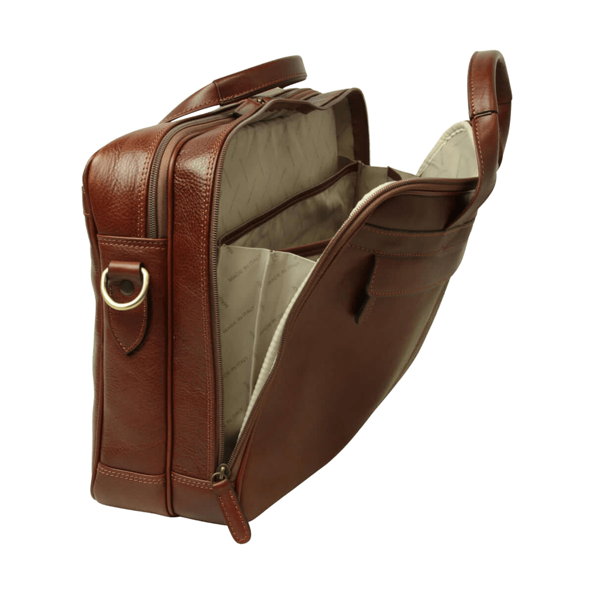 Borsa per laptop in pelle marrone aperta con interno chiaro e chiusura a zip.