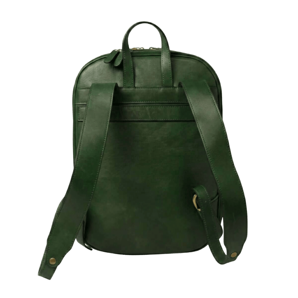 Zaino in pelle verde con tasca frontale con zip, tracolle e maniglia superiore