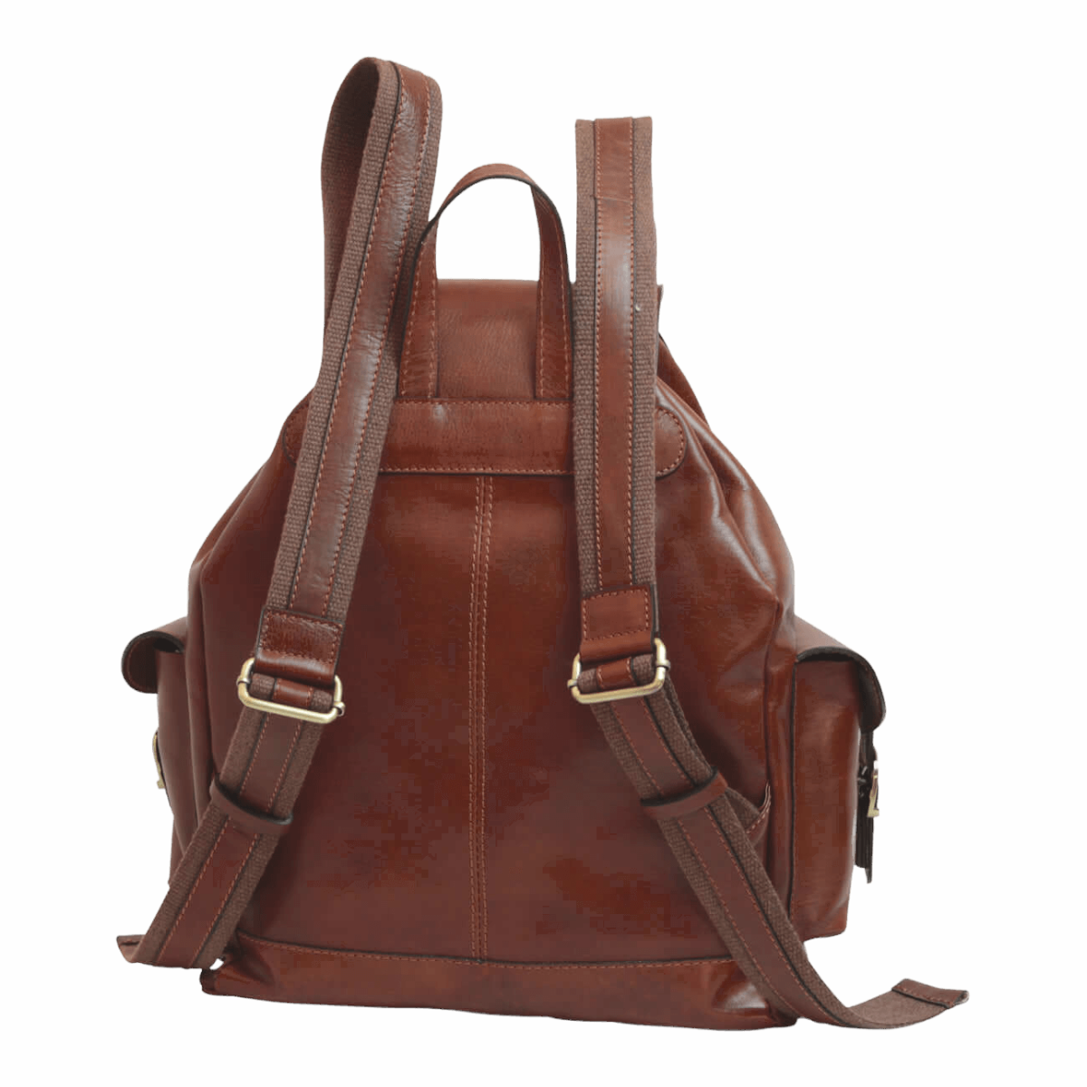 Zaino in pelle marrone con spallacci regolabili e tasche frontali con patta