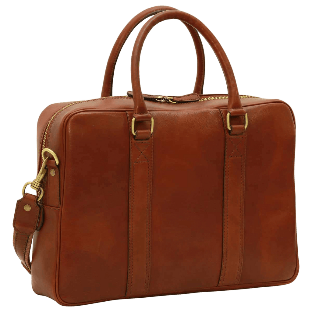 Borsa in pelle marrone mogano con due manici, tracolla e dettagli metallici