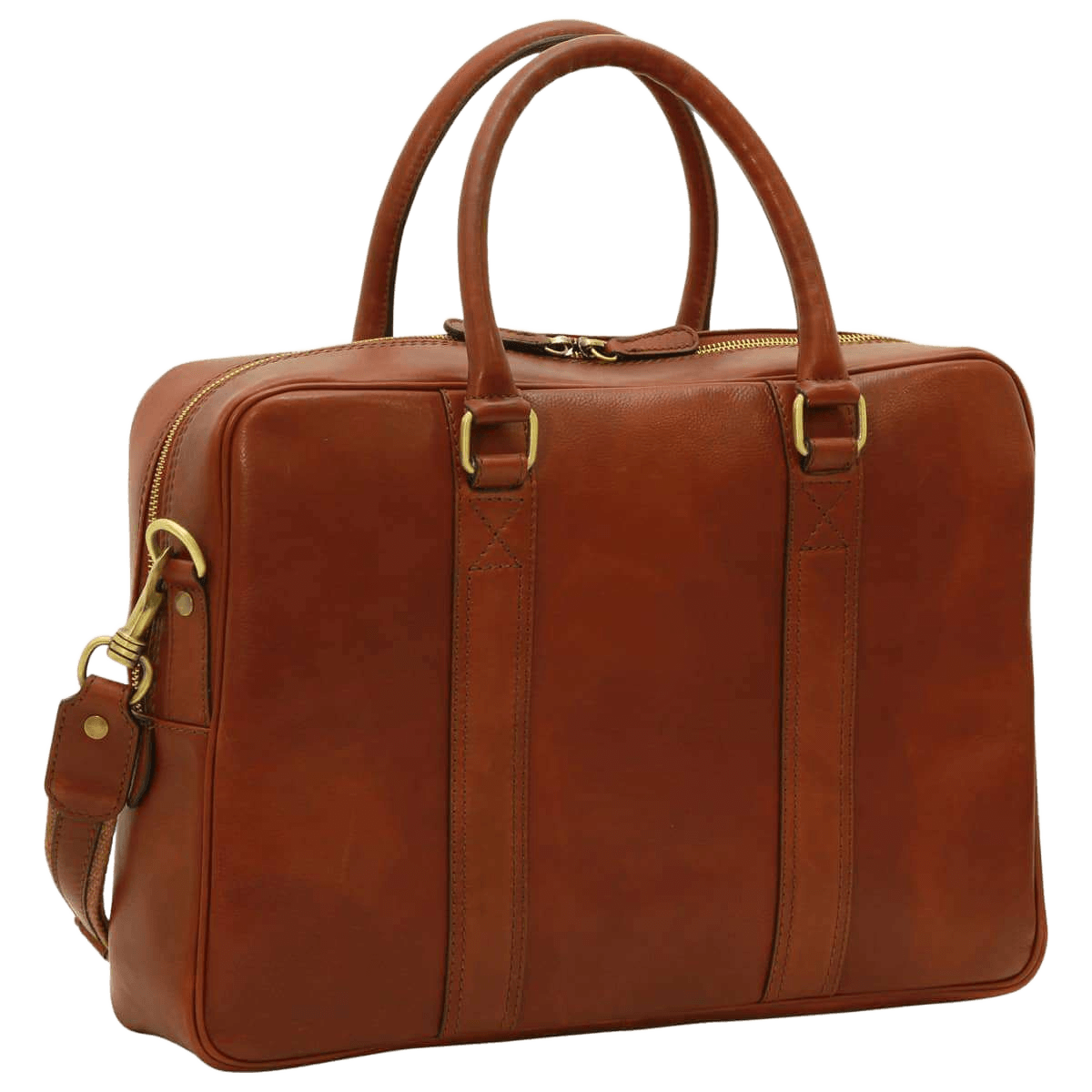 Borsa in pelle marrone mogano con due manici, tracolla e dettagli metallici