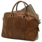 Borsa in pelle marrone scuro con due manici, scomparto frontale e tracolla