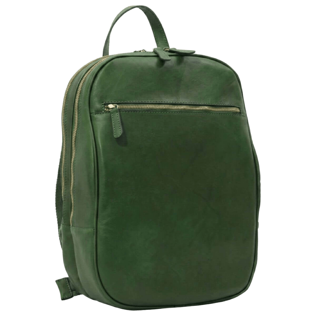 Zaino in pelle verde con tasca frontale con zip e maniglia superiore