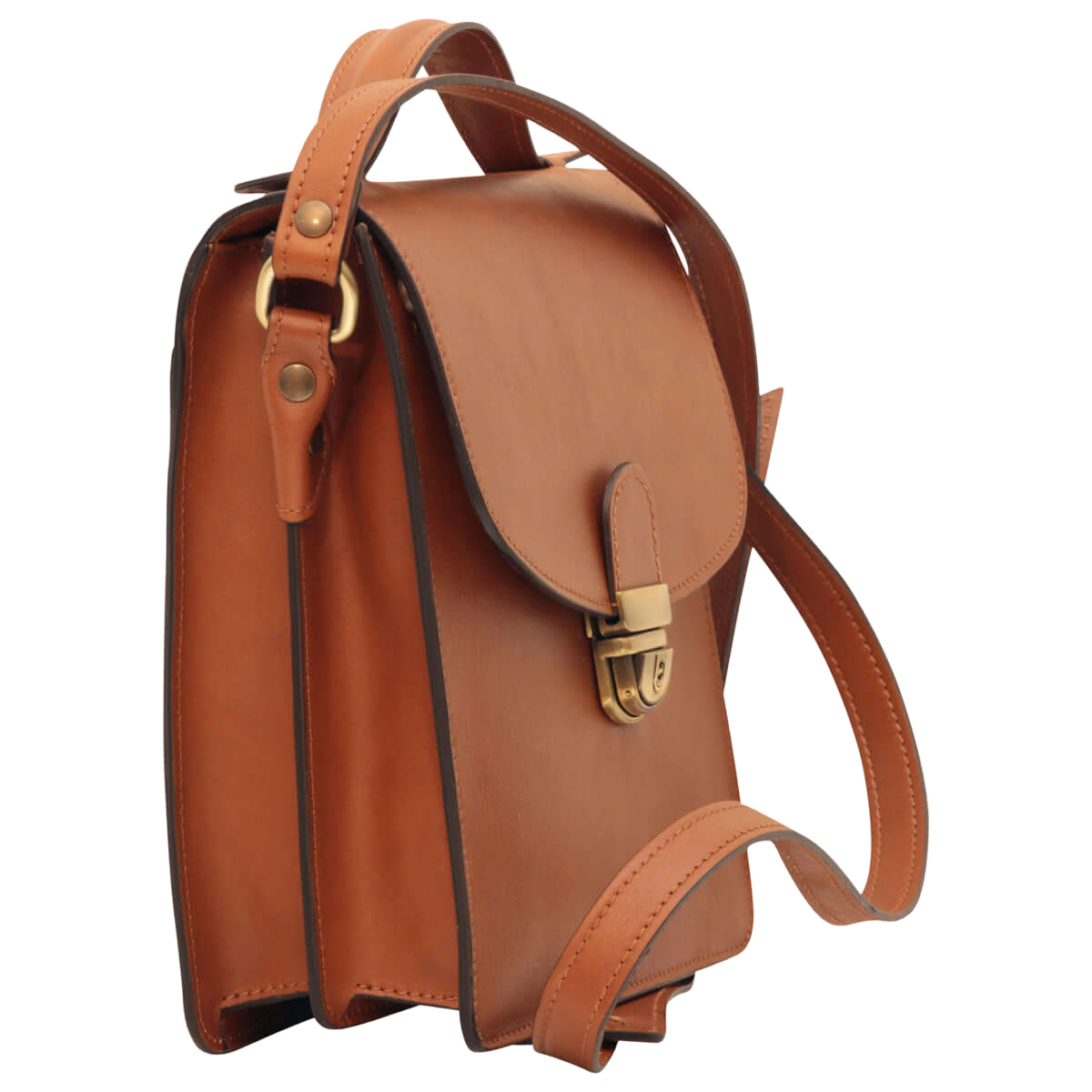 Borsa a tracolla in pelle marrone con patta arrotondata e fibbia dorata