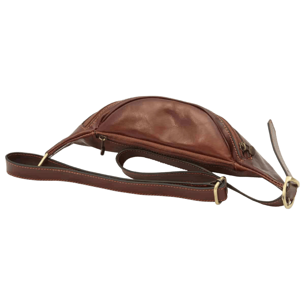 Marsupio in pelle marrone con cinturino lungo e chiusura con zip