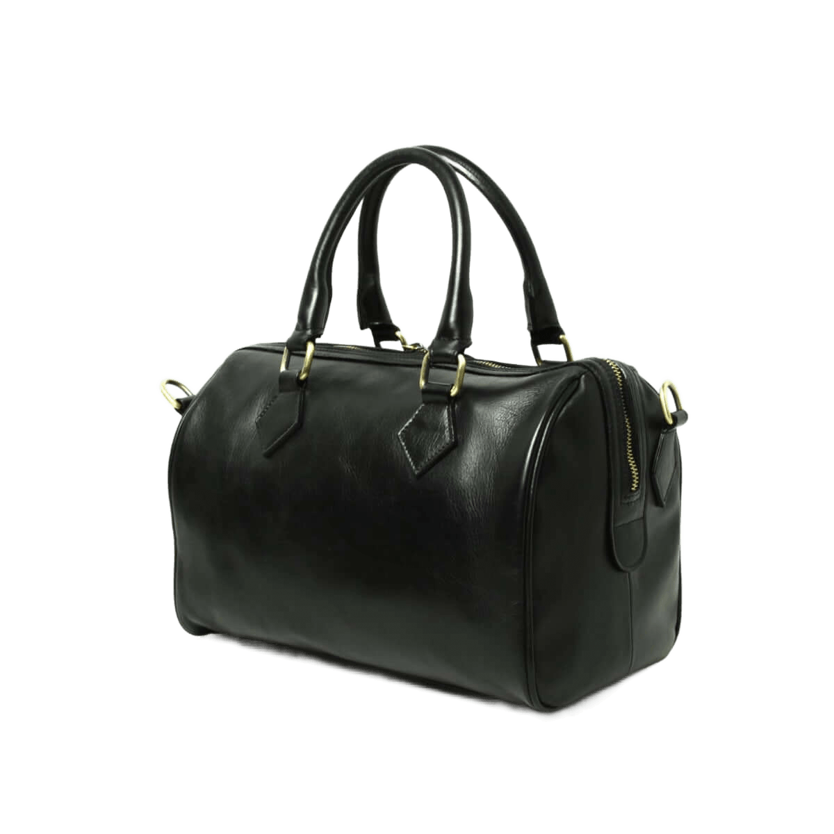 Borsa bauletto in pelle nera con due manici, tracolla e tasca laterale con zip.