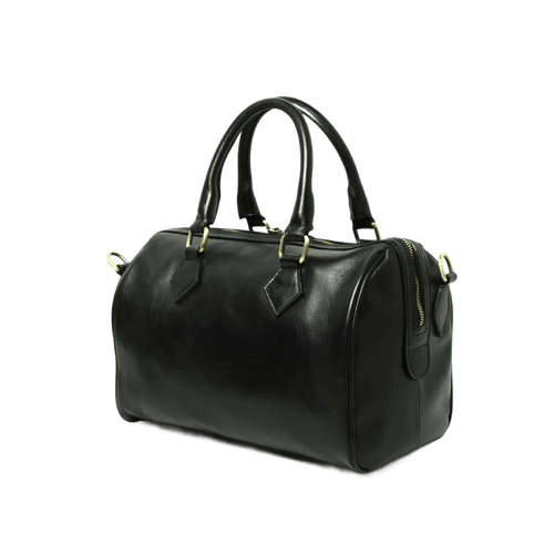 Borsa bauletto in pelle nera con due manici, tracolla e tasca laterale con zip.