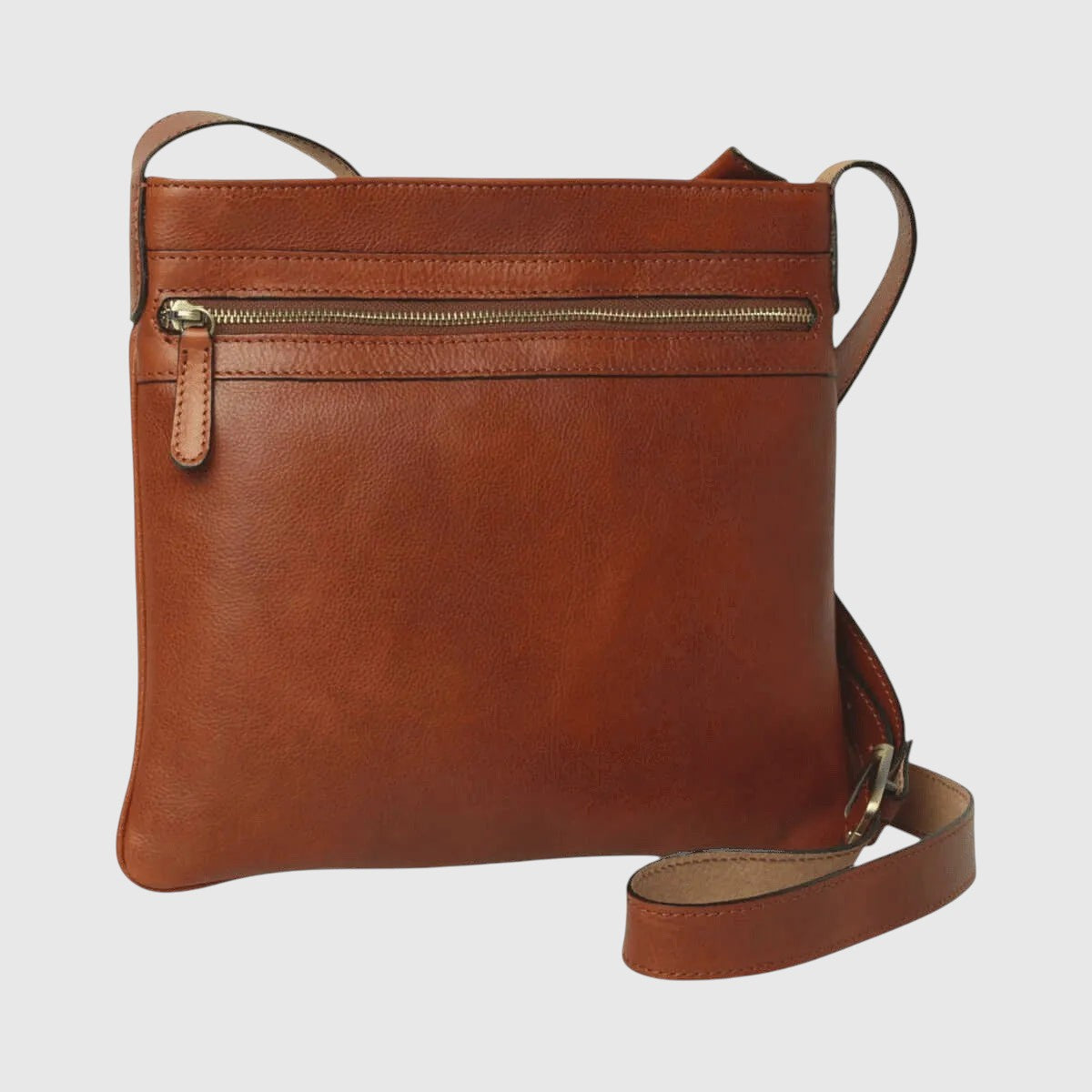 Borsa a tracolla in pelle marrone cognac, chiusura con zip e tracolla regolabile