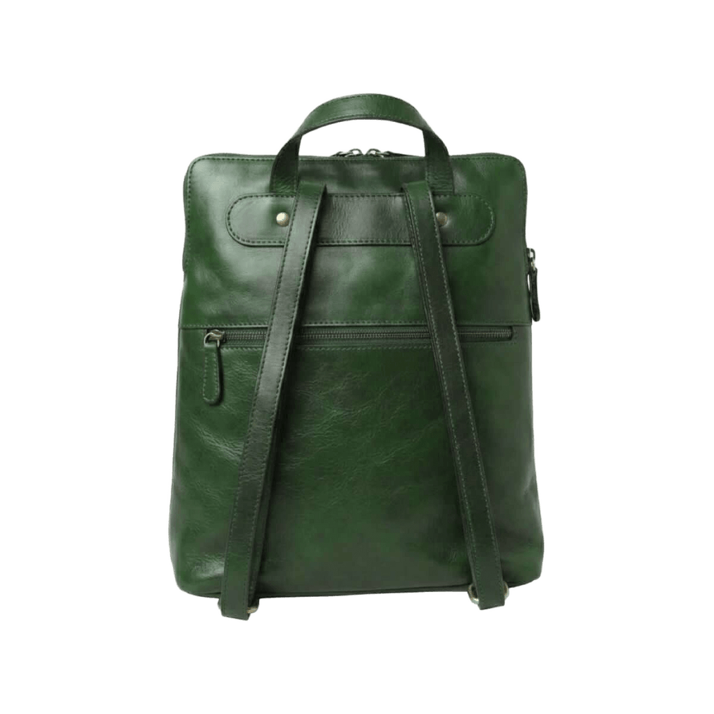 Zaino in pelle verde con tasche laterali e spallacci regolabili