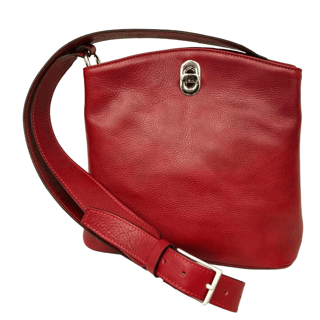 Borsa a secchiello rossa in pelle pieno fiore con tracolla regolabile e fibbia