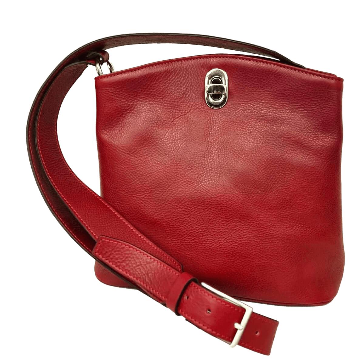 Borsa a secchiello rossa in pelle pieno fiore con tracolla regolabile e fibbia