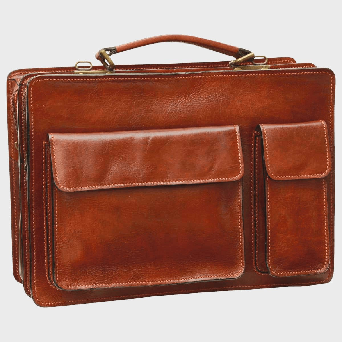 Cartella in pelle marrone con due tasche frontali e manico in pelle