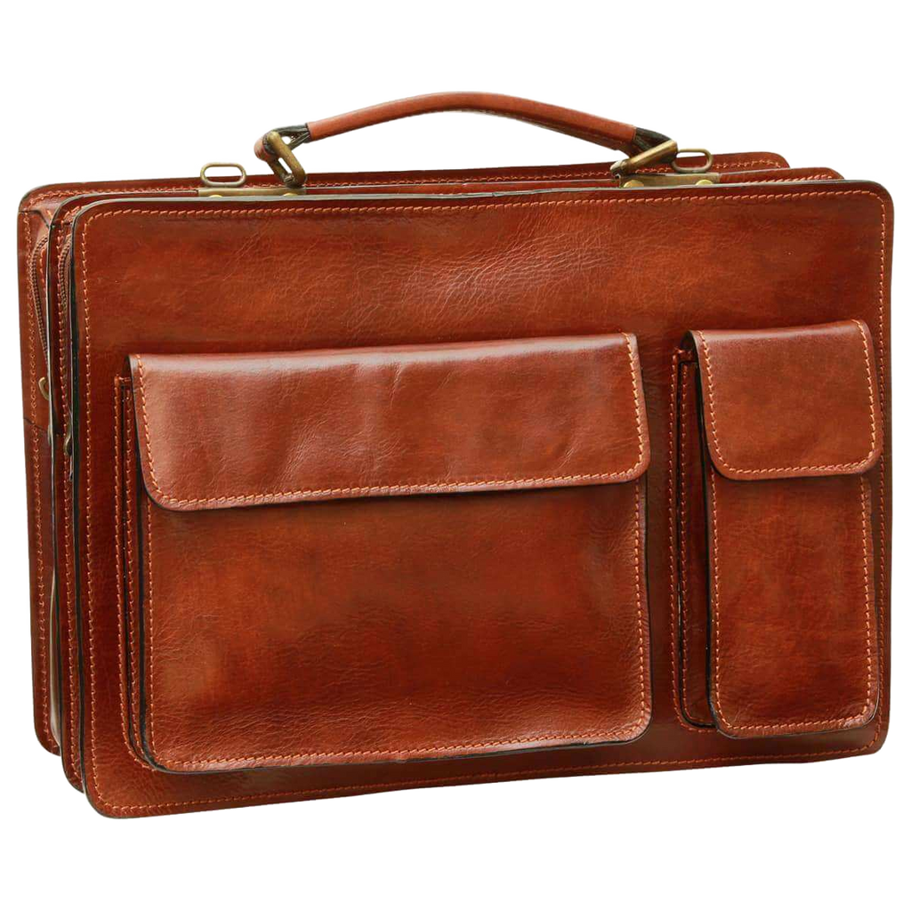 Cartella in pelle marrone con due tasche frontali e patta centrale
