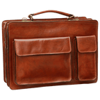 Cartella in pelle marrone con manico e due tasche frontali, chiusura con zip