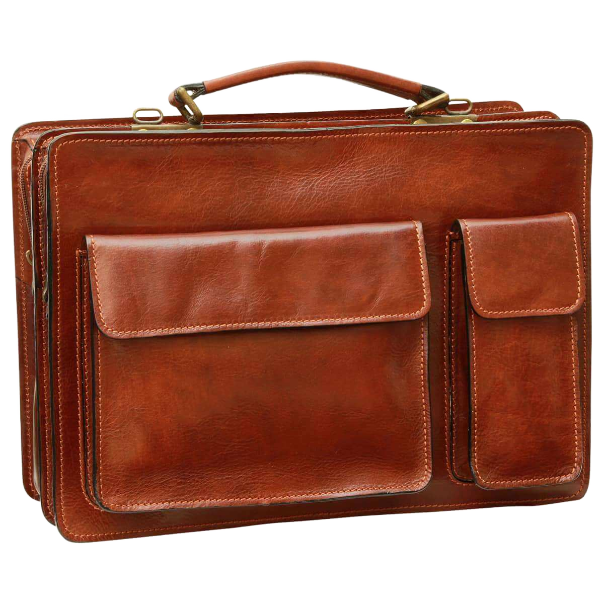 Cartella in pelle marrone con due tasche frontali e patta centrale