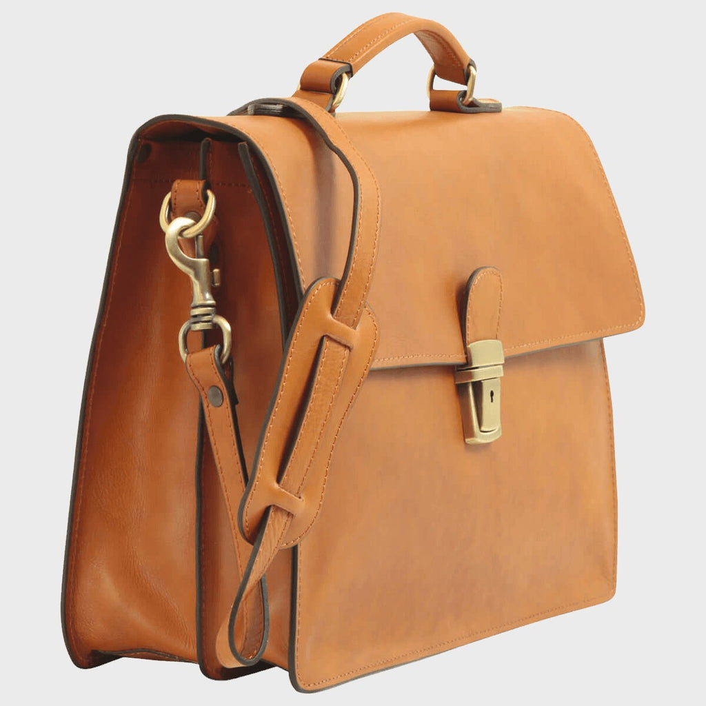 Borsa porta PC in pelle uomo marrone chiaro con fibbia e tracolla regolabile