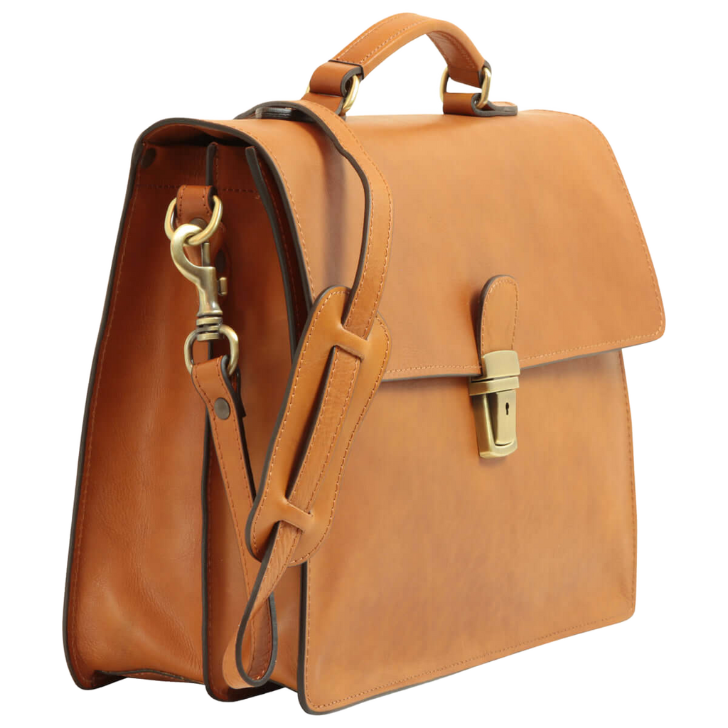 Borsa porta PC in pelle marrone Old Angler Firenze, fibbia e tracolla in cuoio